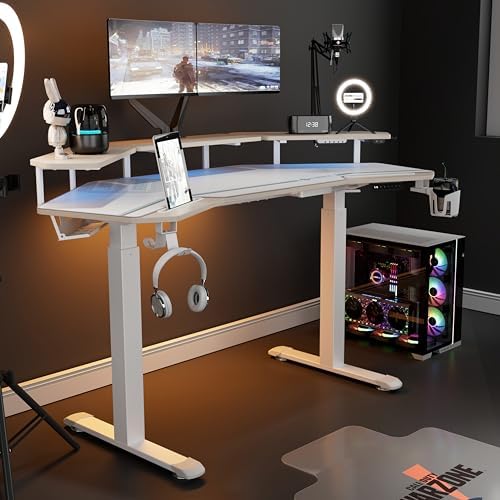 EUREKA ERGONOMIC Standing Desk,63" Electric Adjustable Height Computer Desk,Wing Shaped Music Studio Desk, LED Monitor Stands, Dual Motor&Slot, Maple