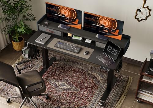 Claiks Standing Desk with Drawers & Wheels, 2 Height Shelf 55inch Black