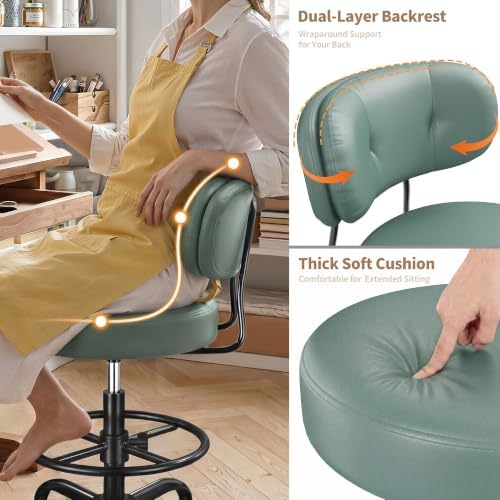 Homkdom Drafting Chair, Green PU Leather