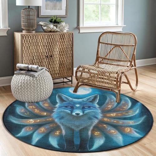 Highly Premium Quality Floor Mat, Office Chair Decor Mat, Room Sofa Yoga Soft Round Carpet Magical Nine Tailed Fox Art, 60inch