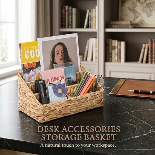 Desk Organizer – Countertop Mail Organizer, Magazine Holder, Boho Decor Water Hyacinth Desk Mail Holder for Home Office, Farmhouse, 12.6" L x 6.7" W x 6.3" H