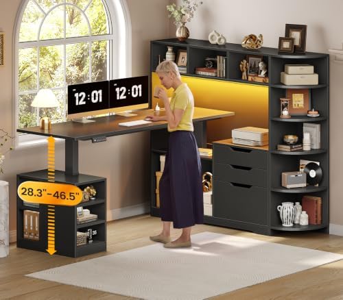 SEDETA 59" L Shaped Standing Desk with 3 Drawers Storage and Bookshelves