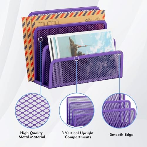 EASEPRES Desk Mail Organizer, Office Small Desktop Metal Mesh Envelope Letter Sorter Paper File Holder Organizer with 3 Vertical Upright Compartments, Purple 2 Pack