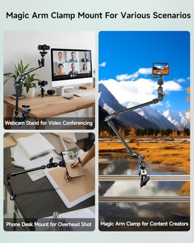 22" Magic Arm w Clamp, Overhead Phone Mount, Desk Camera Mount w Articulating Friction Boom Arm Thread Adapter, for Phone Video Light Webcam Microphone Action Camera Content Creators