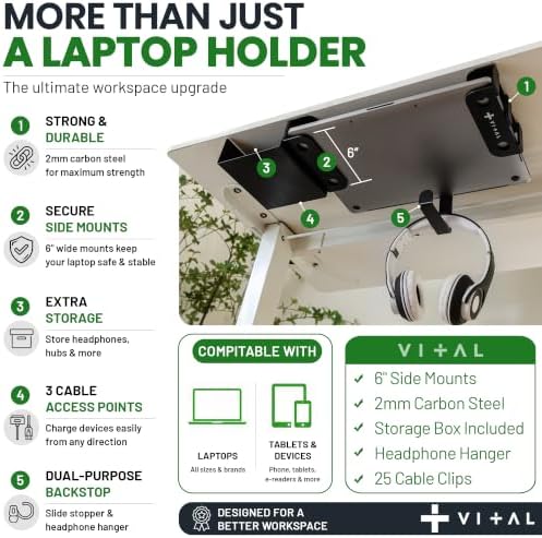 VI+AL Under Desk Laptop Mount - Hidden Metal Shelf with Side Storage, Hook & Cable Organizer - Installs with Tape & Screws - Fits Devices up to 1.7" Thick - Deluxe + LED (USB Light Strip & Remote)