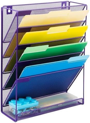 EASEPRES Desk File Organizer Mesh 6-Tier, Hanging Wall Mount Document Organization Stand, Desktop Vertical Mail Paper Folder Holder Rack with Bottom Tray for Office Home Cubicle Countertop, Purple