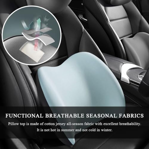 Car Lumbar Support Cushion, Ergonomic Memory Foam Car Back Support w/Removable Cover, Universal Breathable Lumbar Cushion Back Support Pillow with Adjusatble Strap (Sky Blue)