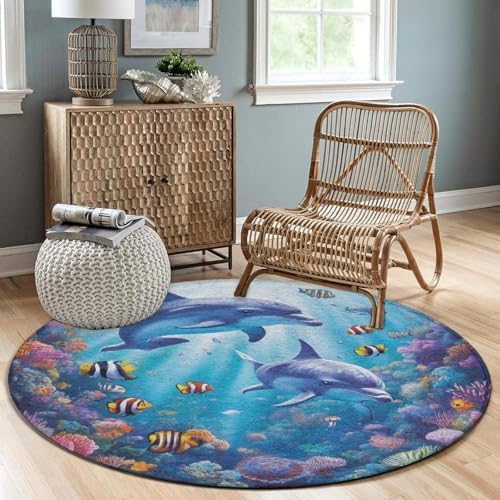 Home Decor Non Slip Kitchen Office Circle Rug, Machine Washable Modern Round Area Rug, Room Sofa Yoga Soft Round Carpet Sea Underwater Beautiful Sea World Dolphins, 24inch