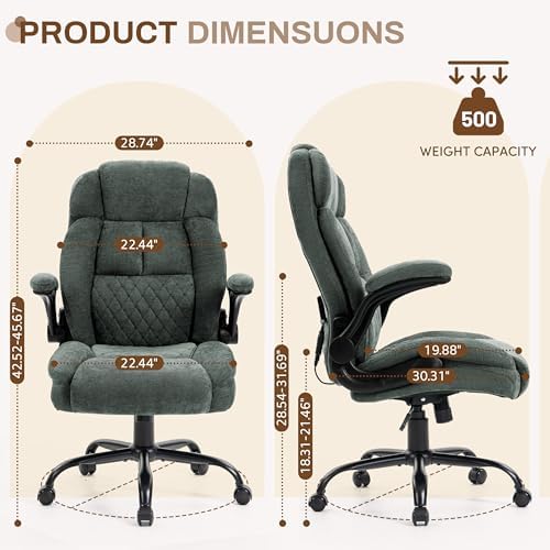 Massage Office Chair,500LBS Ergonomic Rocking Executive Desk Chairs with 4 Points Vibration&Heat,Padded Flipup Armrests for Big and Tall Office Chair,Swivel Computer Chair Fabric Green