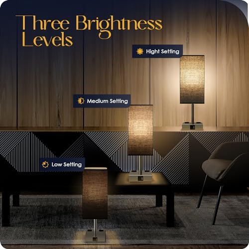 Set of 2 Bedside Table Lamp 3 Way Dimmable Nightstand Lamp with USB C & USB A Charging Port, 2 AC Outlets, 3000K LED Bulbs (Black)