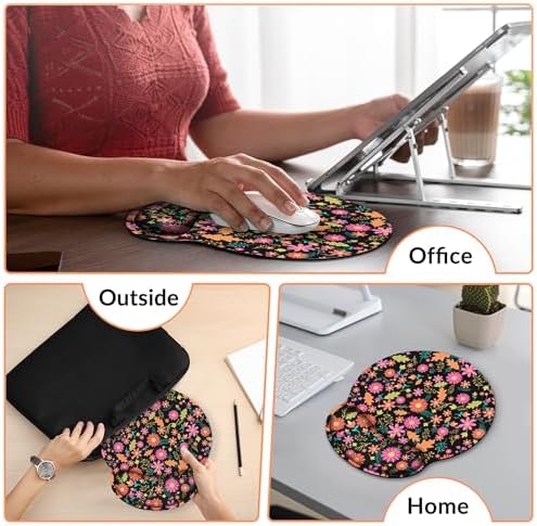 KONVINIT Ergonomic Mouse Pad with Wrist Rest, Small Mousepad with Non-Slip Rubber Base and Smooth Surface, Black Flowers Mouse Pads for Desk, Office Desk Accessories