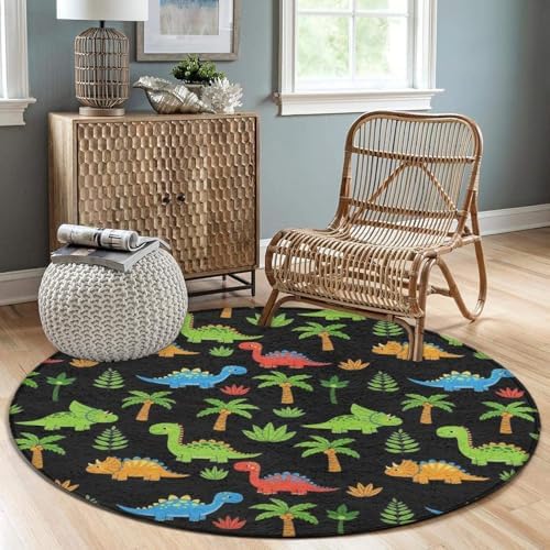 Fashion Round Area Rug Large Non Slip Carpet, Cute Colorful Cartoon Dinosaurs Black Unisex Home Decor Mat, 60inch