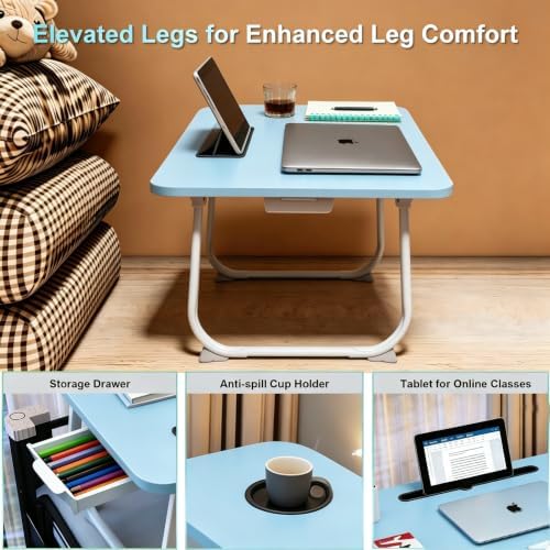 27.6" Home Office Folding Lap Desk with Drawer, Tablet Slot, Cup Holder - Fits up to 18 Inch Laptops, Bed Desk for Reading, Writing, Eating, Portable Laptop Table for Sofa, Coach, Floor (Blue)