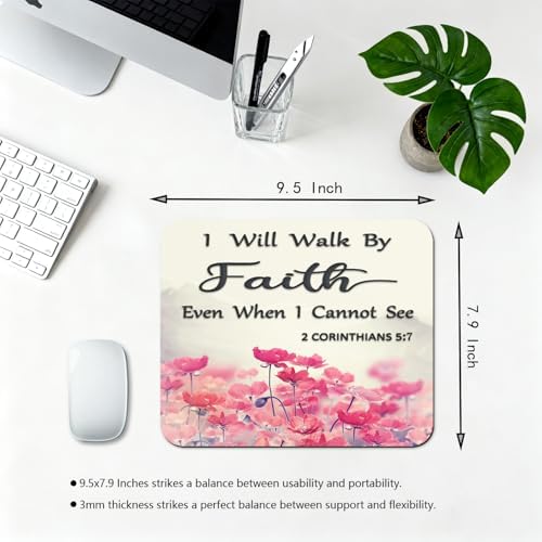 9.5x7.9 Inch Office/Gaming Mouse Pad, I Will Walk by Faith Even When I Cannot See Christian Bible Verse Scripture Quote, Pink Lotus Flowers Motivational Floral Cute Anti-Slip Mat for Desk