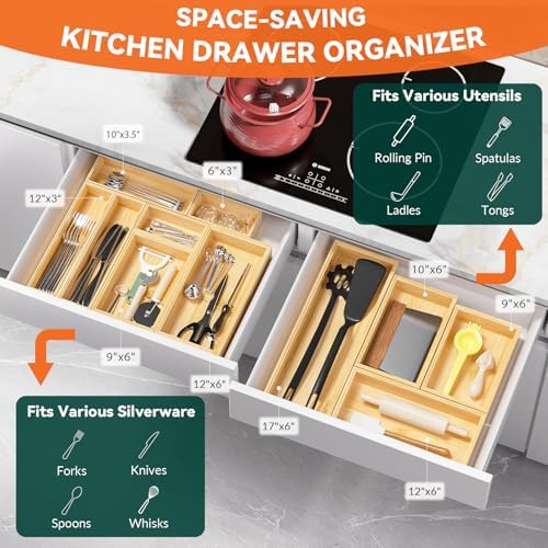Lixple Bamboo Kitchen Drawer Organizer, 2 Pack, 10" x 3.5" x 2"