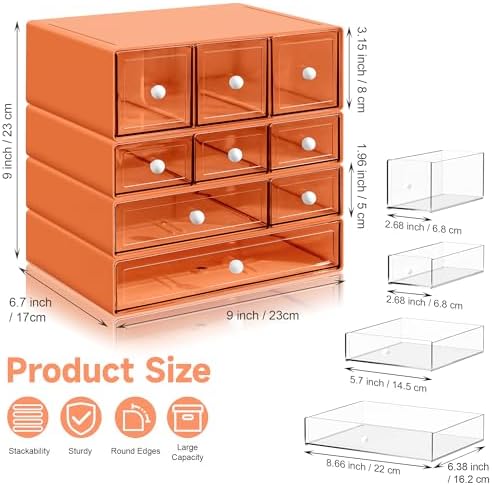 Desk Organizer with 9 Drawers, 4 Tiers Stackable Storage Drawers, Desktop Storage Box with Clear Drawers for Stationery, Makeup, Jewelry, Office and Craft Supplies (Orange)