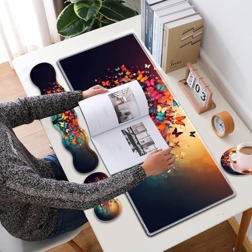 4 in 1 Mouse Pad Combo, Large Gaming Mouse Pad + Keyboard Wrist Support + Mouse Wrist Rest + Coaster, Table Pad 31.5 "x 11.8" with Memory Foam Ergonomic Wrist Pad Set, Colorful Tree Butterfly