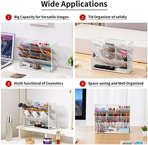Marbrasse Mesh Desk Organizer, Multi-Functional Pen Holder, Pen Organizer for desk, Desktop Stationary Organizer, Storage Rack for School Home Office Art Supplies (White - Mesh Pen Holder)
