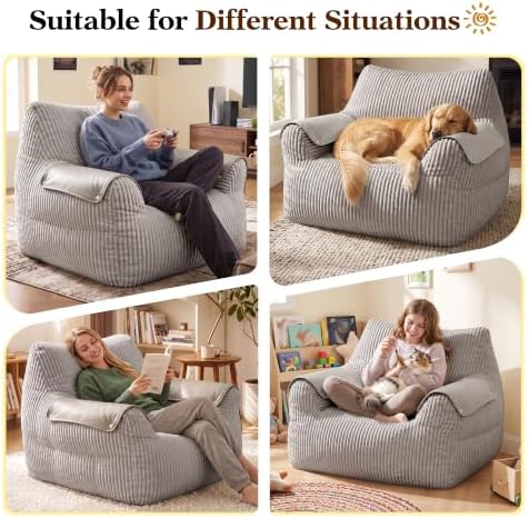 Homkdom Bean Bag Chairs for Adults, Bean Bag Sofa with Armrests, Grey