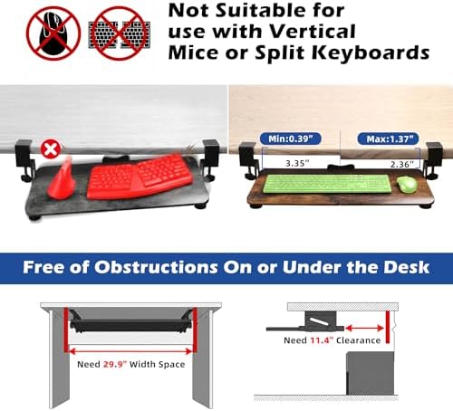 Under‑Desk Clamp Keyboard Tray, 26.77" Slide‑Out Tray,Mahogany