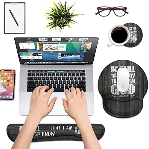 Keyboard Wrist Rest and Mouse Pad Wrist Support Set with Coasters, Ergonomic Gaming Mousepad Non-Slip PU Base for Home Office Working Studying Easy Typing & Pain Relief - Bible Verse Psalm 46:10