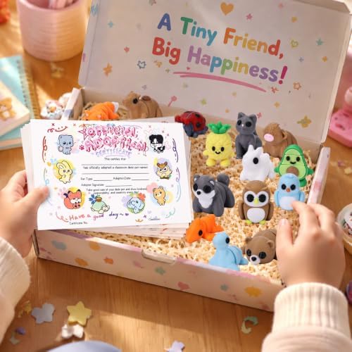 30 Pack Mystery 3D Printed Animal Figurines with 30 Adoption Cards, Articulated Mini Animal Desk Pets, Flexible Fidget Toys, Party Favors and Gifts, Classroom Reward, for Teacher