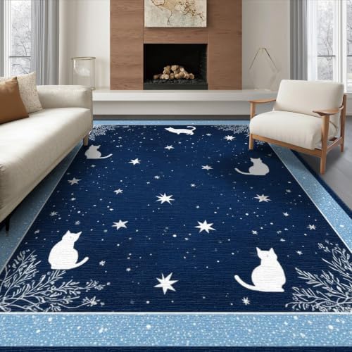 6'x9' Midnight Blue Cat Starry Design Washable Area Rug