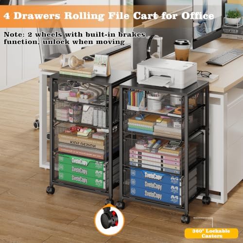 Sbanmao 4 Drawers Rolling File Cart with Wheels, Mobile File Cabinet, Black