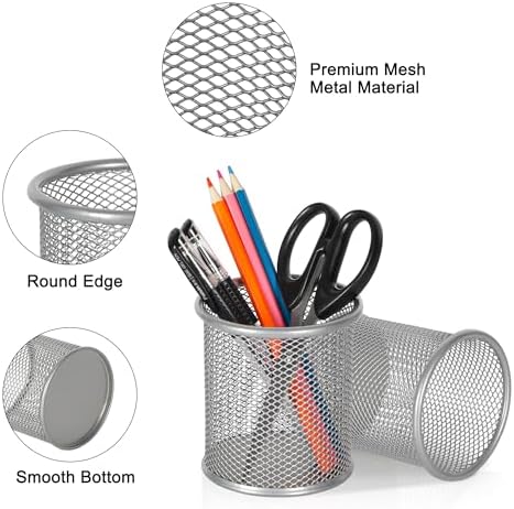 EasyPAG Pencil Holder for Desk, 2 Pack Metal Pen Organizer, Mesh Pencil Cup Organizer for Home, Office, Classroom, School, Silver