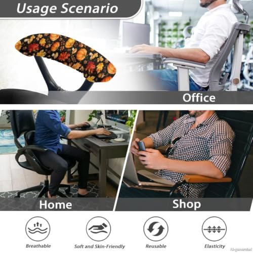 2 Piece Office Chair Arm Rest Covers Pumpkin Maple Leaf Printed Anti-Dust Removable Gaming Chair Arm Rest Covers with Elastic Band Washable Home Decorative Accessories