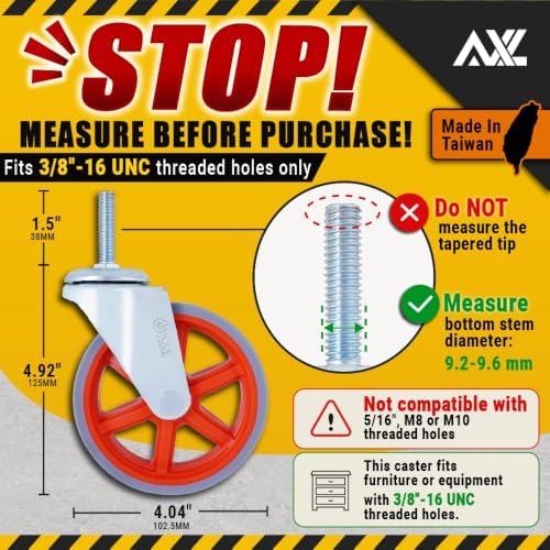 AXL 4 Inch Rubber Threaded Stem Casters, UNC 3/8"-16x1-1/2 Replacement Caster Wheels, Heavy-Duty Swivel Casters for Garment Racks, Laundry Carts, Display Shelving & Janitorial Utility Carts