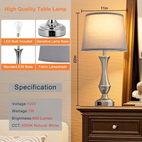 Touch Lamps for Nightstand, 3 Way Dimmable Lamps for Bedroom with USB C+A