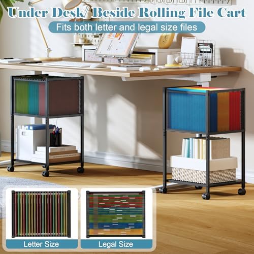 Sbanmao Letter/Legal Rolling File Cart, Narrow Mobile File Cabinet with Wheels Hanging Files, Metal Hanging File Folder Cart File Organizer Under Desk Storage for Home Office, Black