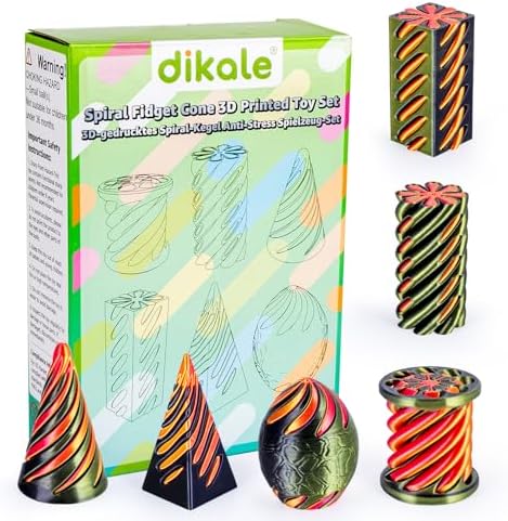 6 Packs Spiral Cone 3D Printed Fidget Toy Set, Flexible Impossible Cone Pyramid Passthrough Toys for Stress Relief, Desk Deco Relaxing for Kids Adults, Black&Cyan Gold + Gold&Red