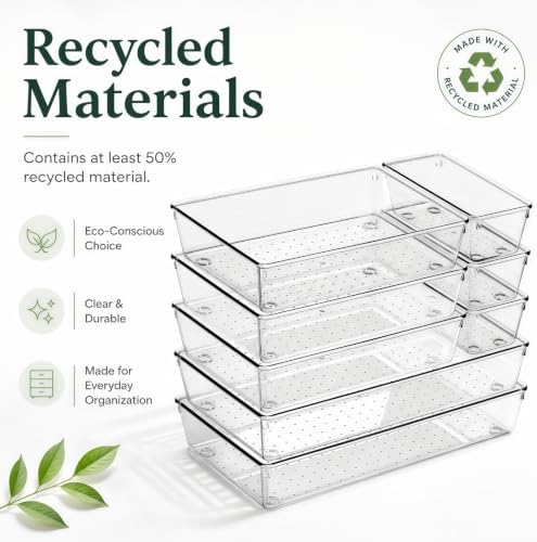 8 Pack Large Clear Plastic Drawer Organizer Trays, 3 Sizes, Non-Slip