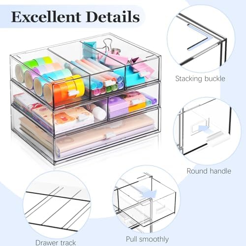 3 Tier Stackable Desk Organizer with 6 Drawers, YOCOMEY Plastic Desktop Storage Box Drawers, Detachable Makeup Storage Office Stationery Supplies Organizer for Office School (All Clear)