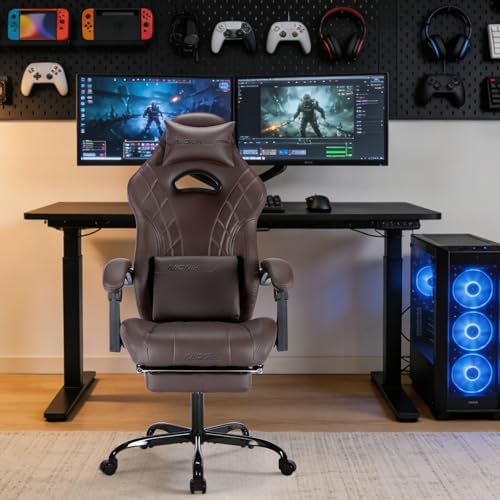 Gaming Chair with Footrest and Massage Lumbar Support, Ergonomic Computer Gamer Chair, Office Video Game Chairs with Adjustable Height and Backrest (Coffee)