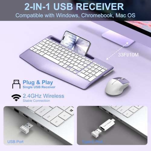Rechargeable Silent Wireless Keyboard and Mouse Combo, Ergonomic Wrist Rest & Phone Tablet Holder, USB-C Adapter Included, 2.4G Lag-Free Cordless Set for Windows Mac Laptop PC Home Office (Purple)
