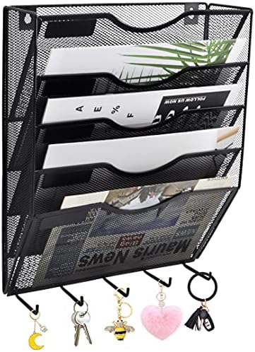 EASEPRES 5 Pocket Mesh Hanging File Organizer with Key Holder Hooks & Nametag Label, Wall Mounted Mail Paper Document Folder Storage Organization Magazine Rack for Office Cubicle, 5 Tier Black