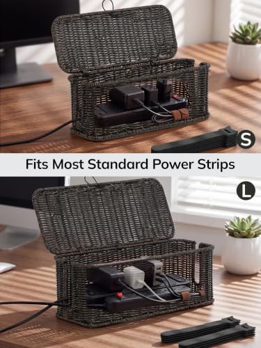 Cable Management Box, Cord Organizer with Lid & Cable Ties - Black, L