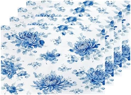 Shrahala Blue Vintage Peony Set Of 4 12 X 18 Inch Linen Placemats , Midcentury Burlap Table Mat Washable Double Layered Heat Insulation For Indoor/Outdoor