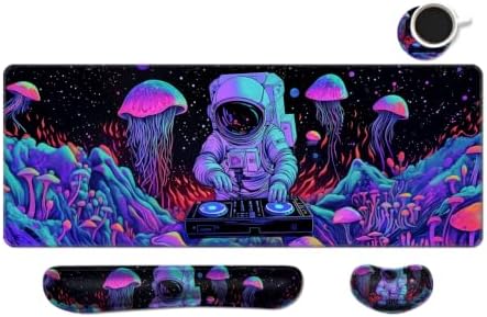 Desk Mat, Large Gaming Mouse Pad with Wrist Rest, 4 in1 XXL Mouse pad+Keyboard Wrist Rest+Mouse Pad Wrist Support+Cup Coaster Set, Ergonomic Desk Pad for Home Office,Spaceman