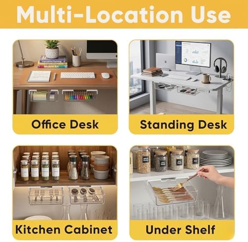 2 Pack Under Desk Hanging Drawer Slide Pull Out, Attachable Clear Acrylic Storage Tray, Easy Hidden Self Adhesive Mount Cabinet Shelf Holder for Tables, Home & Office, Counters, Workstation