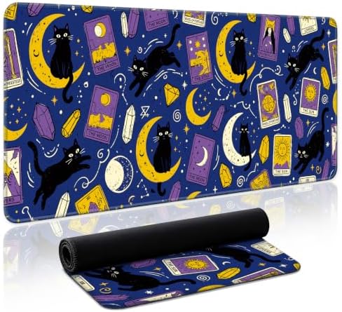 Aesthetic Desk Mat, Cute Mystic Cat Desk Pad Protector for Work & Decor, 31.5" x 11.8", Pretty Non-Slip Extended Mouse Pad for Office or Home