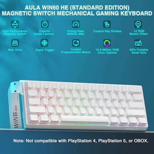 Aula WIN60 HE - 60% Mechanical Gaming Keyboard Wired, Hall Effect Magnetic Switch Hot Swappable, Adjustable Actuation RT Mode, 8000 Hz Polling Rate, RGB Keyboard 60 Percent Compact Design for PC