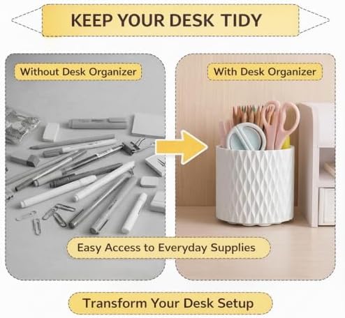 White Pen Holder for Desk, 360° Rotating Pencil Organizer, 5 Slots