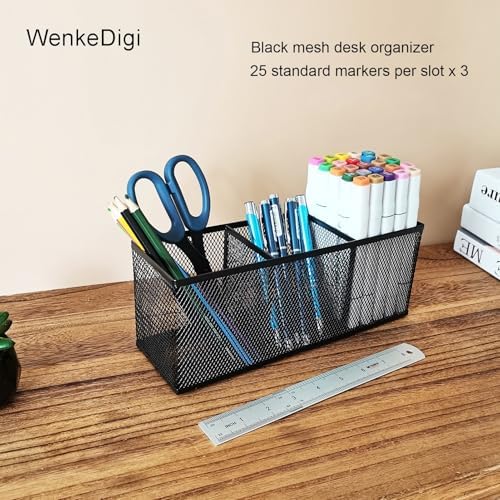 2-Pack Metal Mesh Pencil Holder, Spacious 3-Compartment Desk Organizer for Pens, Makeup Brushes, Utensils, Desktop Storage for Home, Office, School, Kitchen, 10.43x3.35x4.04 Inch, Black