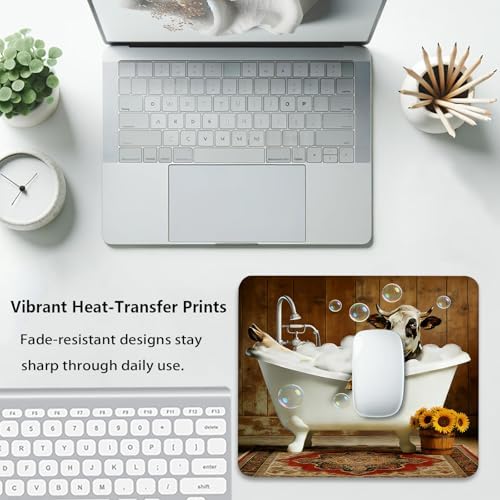 Funny Cow in Bathtub Mouse Pad, Animal with Sunflowers & Bubbles Desk Mat