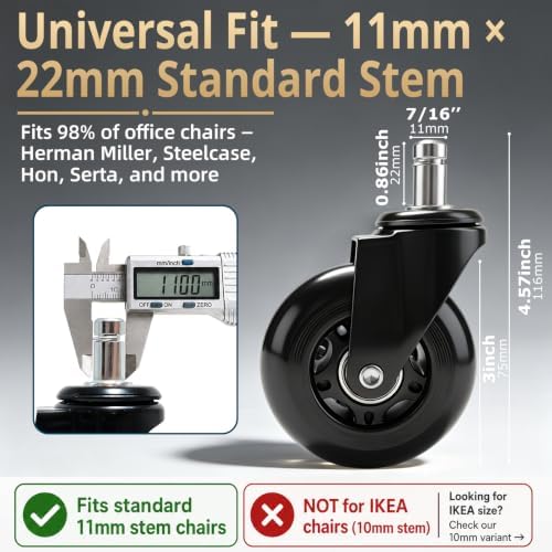 Office Chair Wheels 3 Inch, Set of 5, 880LBS Silent Casters, Black