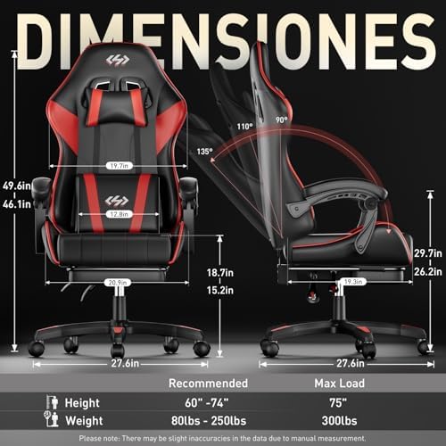 HLDIRECT Gaming Chair with Footrest, Lumbar Support & Headrest, Black&Red